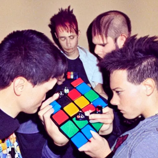 Image similar to Disposable camera picture of punk rockers trying to solve a Rubiks cube