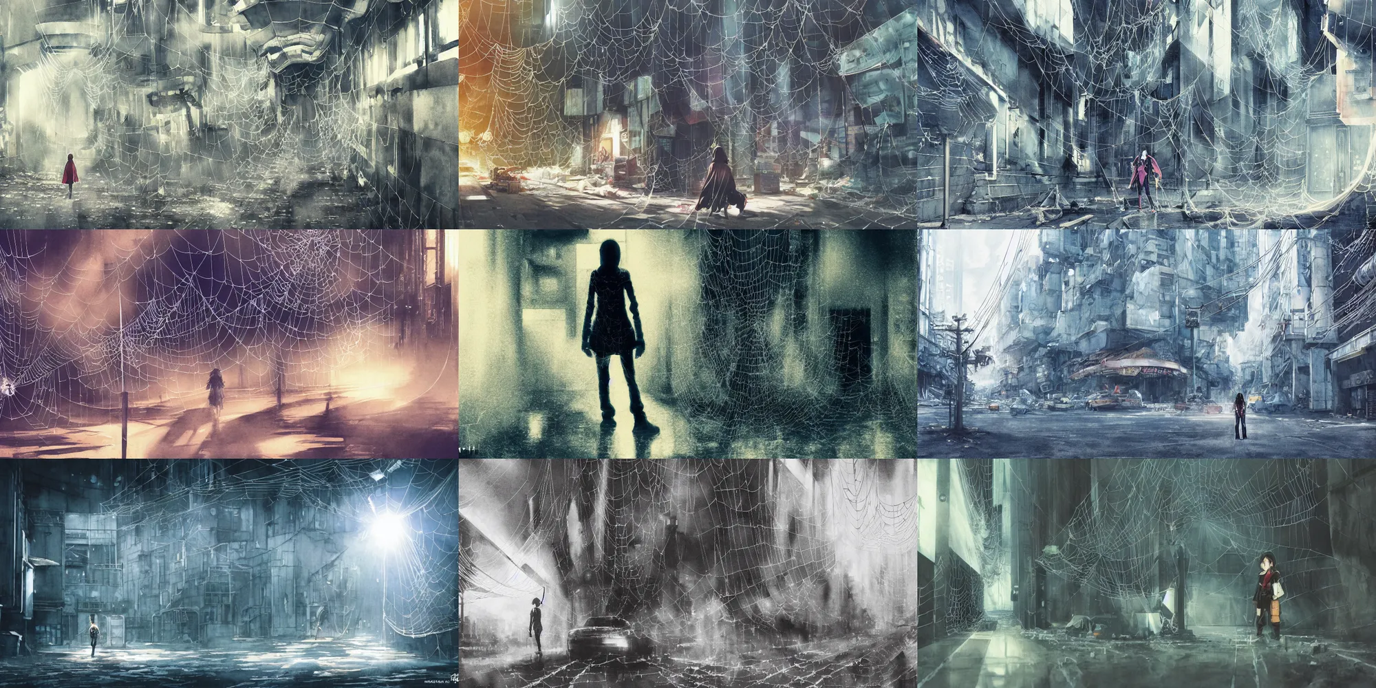 Prompt: anime movie scene, mamoru oshii, otomo, ultra wide, vanishing point, hoody woman explorer, watercolor, spiderwebs, arachnophobia, dripping, sewer pipe entrance, giant spider foreground, sun beam, dusty volumetric light, back lit, paper texture, spider nest, deserted shinjuku junk, brutalist, golden ratio