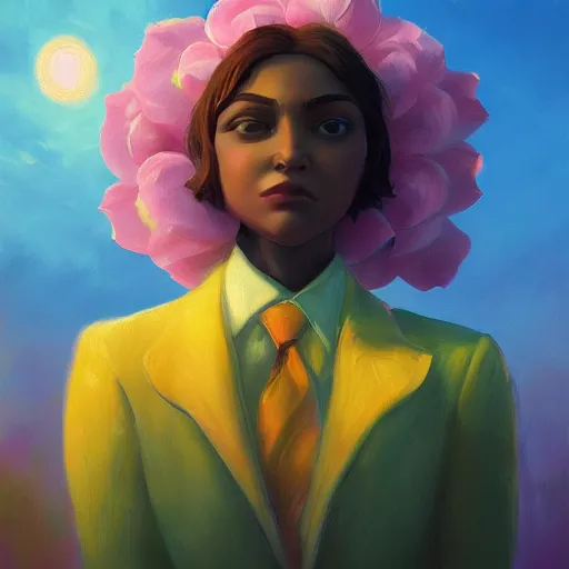 Prompt: closeup, giant rose flower face, frontal, girl in a suit, surreal photography, sunrise, dramatic light, impressionist painting, digital painting, artstation, simon stalenhag