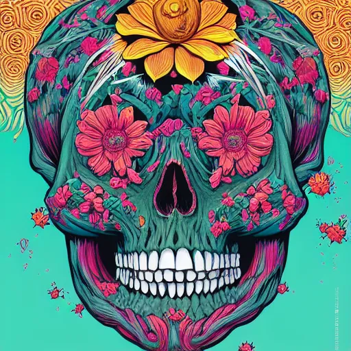 Prompt: ortographic view of a large skull with vivid flower hair by Jen Bartel and Dan Mumford and Satoshi Kon, gouache illustration