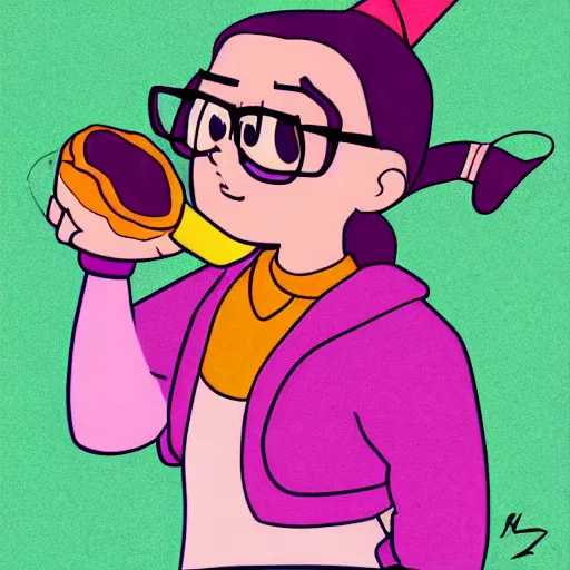 Prompt: Mabel Pines, gravity falls character, eating a donut, colourful, drawing, masterpiece, high detail, digital art