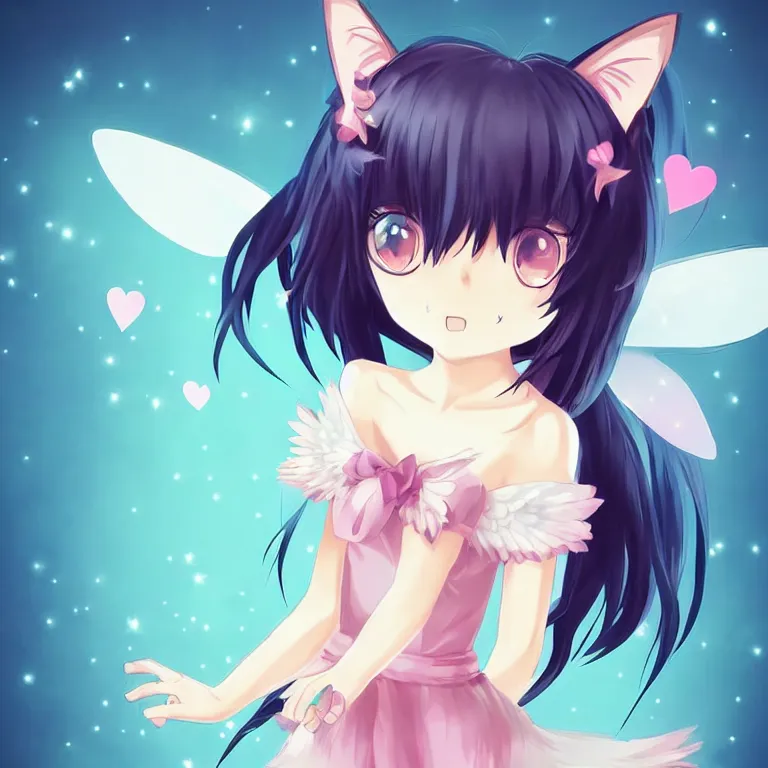 Image similar to cute, full body, female, anime style, a cat girl with fairy wings, large eyes, beautiful lighting, sharp focus, simple background, creative, heart effects, filters applied, illustration