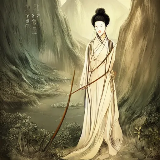 Image similar to ancient chinese princess, standing in an oasis in the desert, elegant, headshot, long black hair, ink painting, smooth, concept art, art by wlop