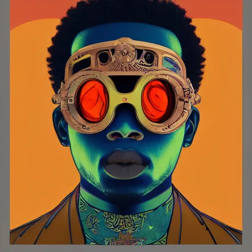 Image similar to colourful vfx upper half - portrait - art of a nigerian boywearing steam punk goggles, art by utagawa kunisada, james jean & alphonse mucha, symmetrical, intricate detail, concept art, volumetric light, ray tracing, caricature, digital illustration, octane 3 d render, unreal engine, sharp, pinterest, behance, art station,