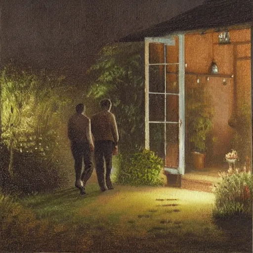 Prompt: Two men in a garden at night walking towards a small wooden garden shed, realistic, dark