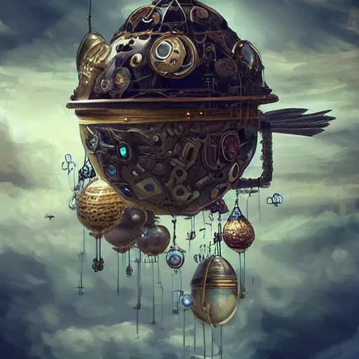 Prompt: flying city in a mechanical egg, sky, steampunk!!!, fantasy art, steampunk, masterpiece, unreal