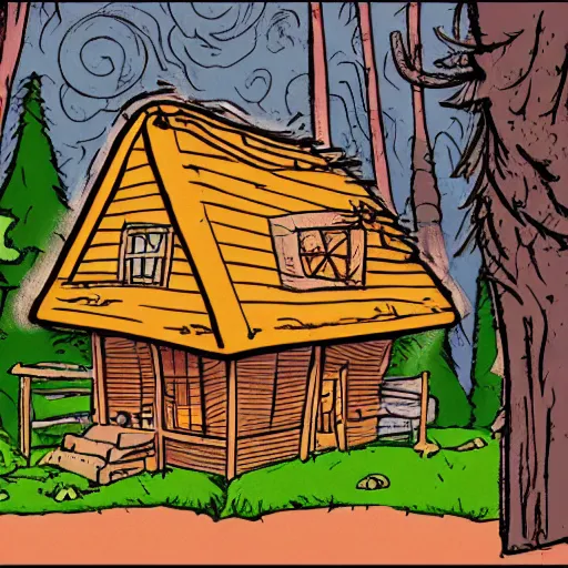 Image similar to a illustration of a Eerie cabin in the middle of the woods in the style of a Garfield comic