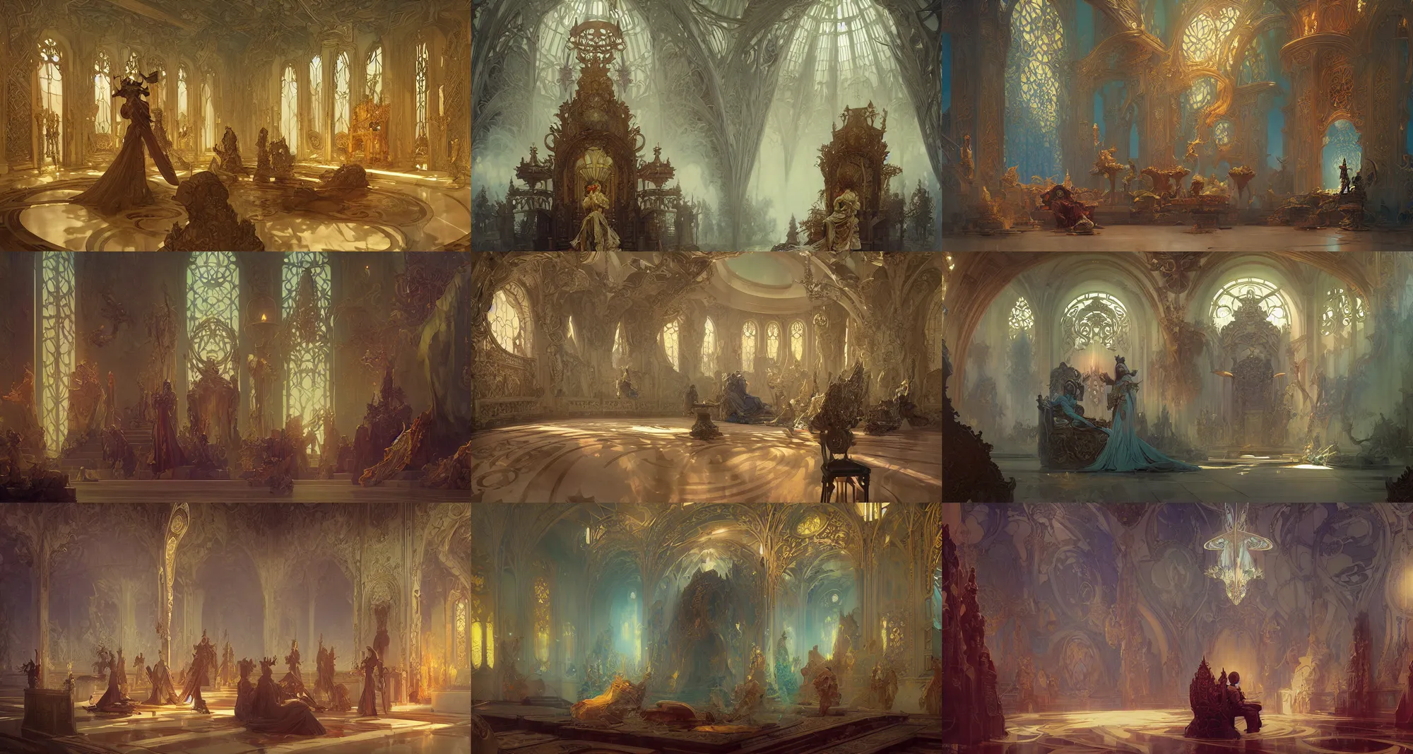 Prompt: throne room, art nouveau, fantasy, art by joseph leyendecker, peter mohrbacher, ivan aivazovsky, ruan jia, reza afshar, marc simonetti, alphonse mucha