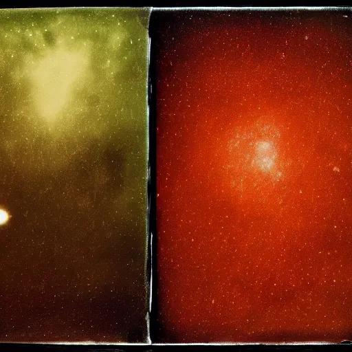 Prompt: A beautiful wetplate of a comet flying across the sky and nebulae inspired by Ivan Bilibin and Edmund Dulac. sponge, dry brushing, scumbling, masking, frayed edges. Light leaks, natural light. trending on artstation and google images. 32k HD wallpaper, red–green and yellow–purple and azure–orange and white color scheme