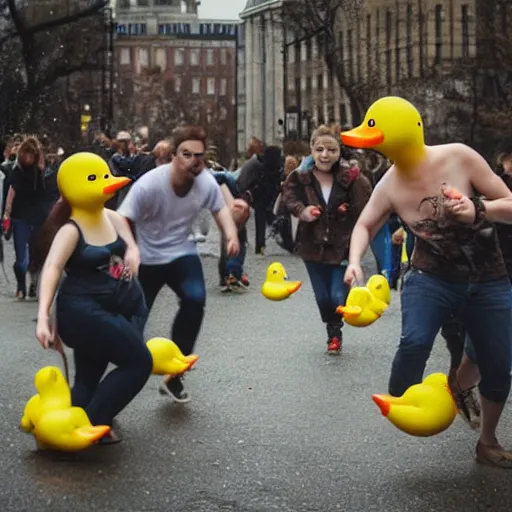 Image similar to rubber duck zombies chasing terrified people, photography