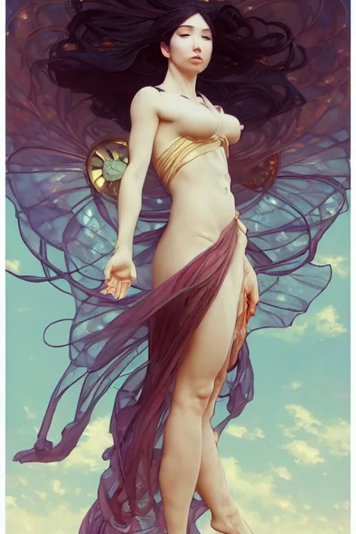 Image similar to full body melting into the wind floating seductive meditating goddess in the style of artgerm, wlop, greg rutkowski, alphonse mucha and ayami kojima, realistic details, volumetric lighting, very very very very beautiful symmetrical face, trending on artstation, artstationhd, artstationhq, unreal engine, 4 k, 8 k