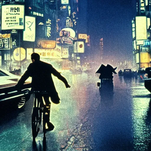 Prompt: action shot of Deckard from Blade Runner (1982) riding a bicycle neon cityscape cyberpunk rain night crowded streets