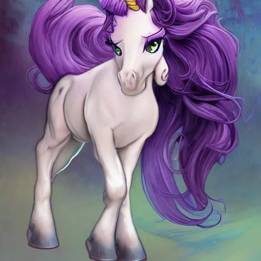 Image similar to portrait of a menacing beautiful Rarity, unicorn mare, short muzzle, top half of body, My Little Pony, by Stanley Artgerm Lau , greg rutkowski, thomas kindkade, alphonse mucha, loish, norman rockwell, J. C. Leyendecker. bright purple mane, purple fur, angry complexion, beautiful detailed eyes, black rose frame. D&D, fantasy. Trending on artstation rule of thirds extremely detailed old illustration hd 4k