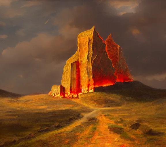 Image similar to landscape portrait of a an immense building made of hot brimstone, with tyler childers hammering the side, by william sidney mount, trending on artstation