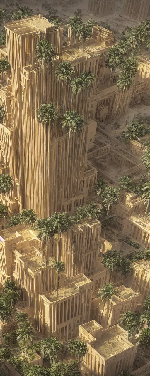 Image similar to pencil sketch of one building, golden facade babylon tower, sacred ancient architecture, hanging gardens, cascading highrise, arid mountains with lush palm forest, sunlight, post - production, octane, cgi, sfx, beautiful dynamic lighting, cinematic, extremely high detail, photo realistic, cinematic lighting, 8 k