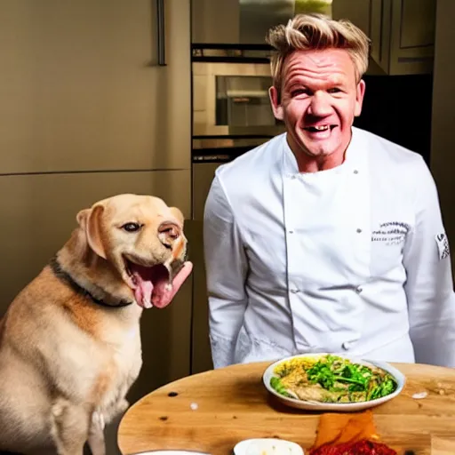 Image similar to gordon ramsay smiling ear to ear after making a dog dish