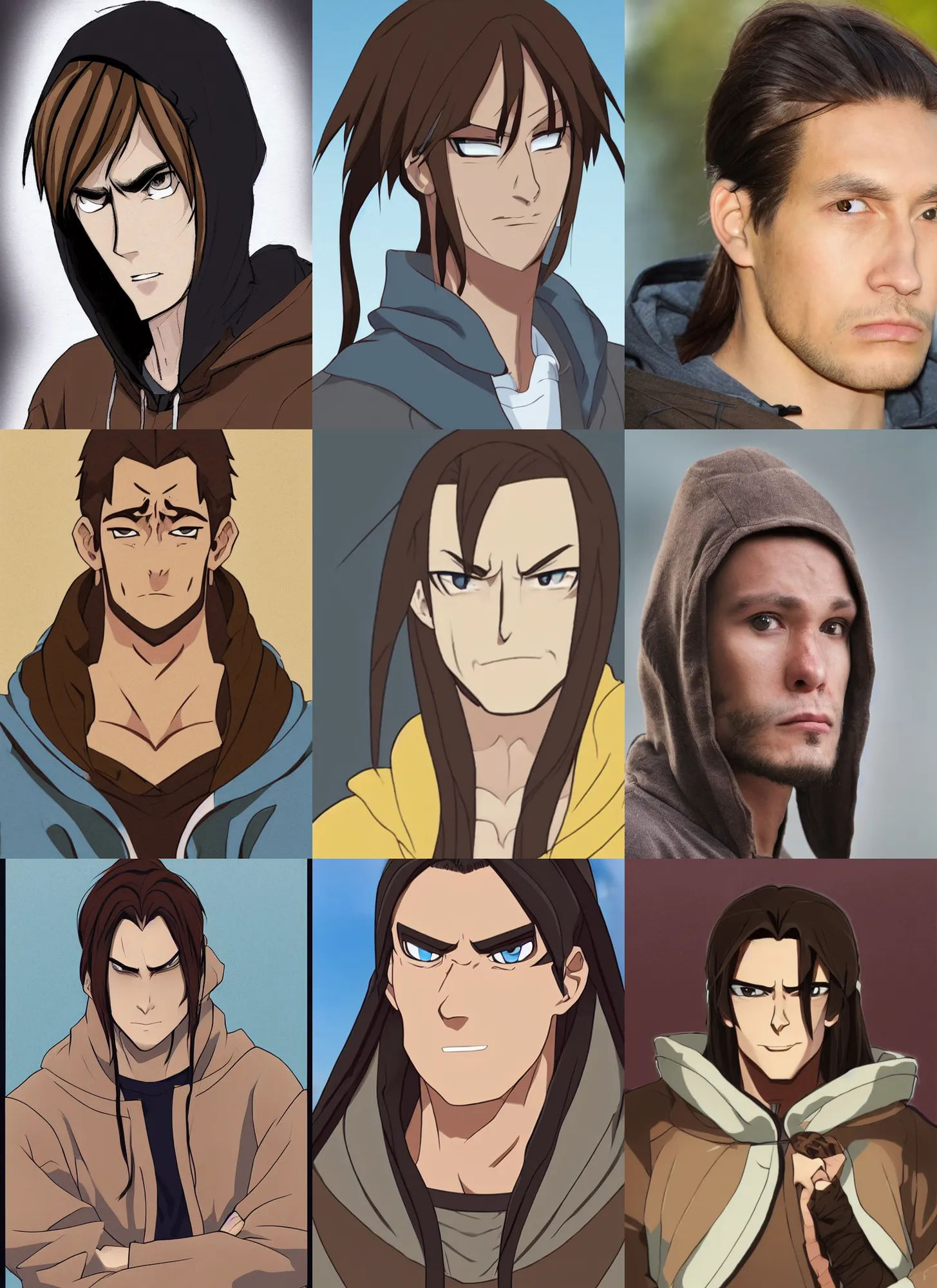 Prompt: a man in his late twenties with long light brown hair tied back, a widows peak and a round face with high cheekbones, wearing a hoody, anime character