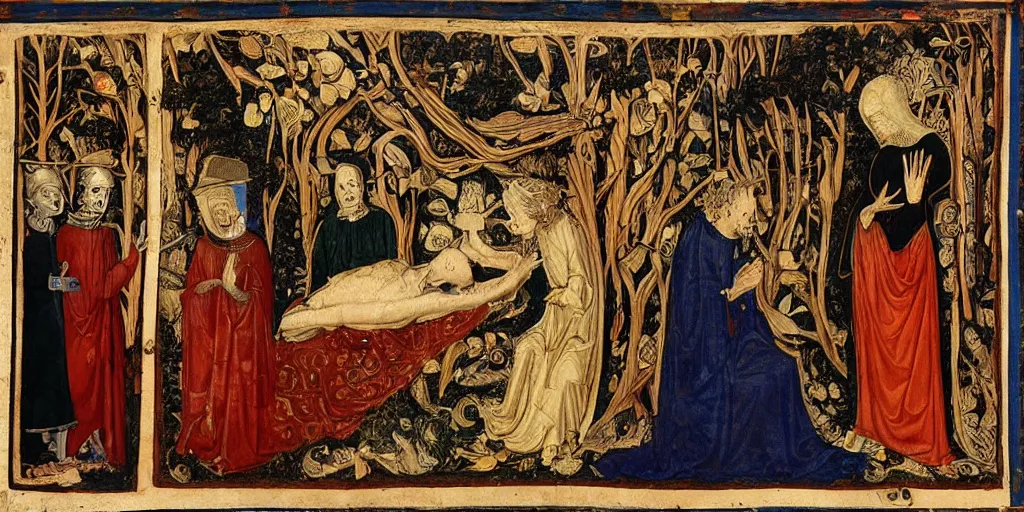 Image similar to realistic scene of seer meeting with death, pychodelic, 1450, ink, ultra realistic, 8k