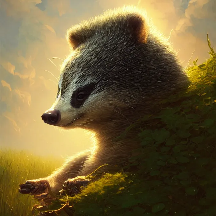 Image similar to highly detailed portrait of a cute badger, unreal engine, fantasy art by greg rutkowski, loish, rhads, ferdinand knab, makoto shinkai and lois van baarle, ilya kuvshinov, rossdraws, tom bagshaw, alphonse mucha, global illumination, radiant light, detailed and intricate environment