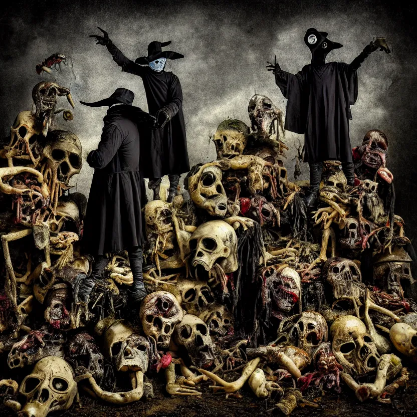 Image similar to plague doctor standing over a pile of decomposing corpses, a screaming man half - eaten by maggots, photograph by joshua hoffine, fear, morbid, nightmare, supernatural, 8 k, highly detailed, ( ( ( ( very colorful ) ) ) ), chiaroscuro, creepy, terrifying