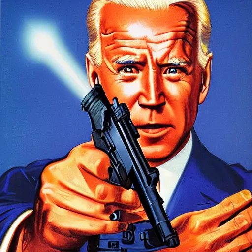 Image similar to propaganda poster of joe biden pointing gun directly at camera in james bond movie, closeup of gun, visible barrel and grip by j. c. leyendecker, bosch, lisa frank, jon mcnaughton, and beksinski