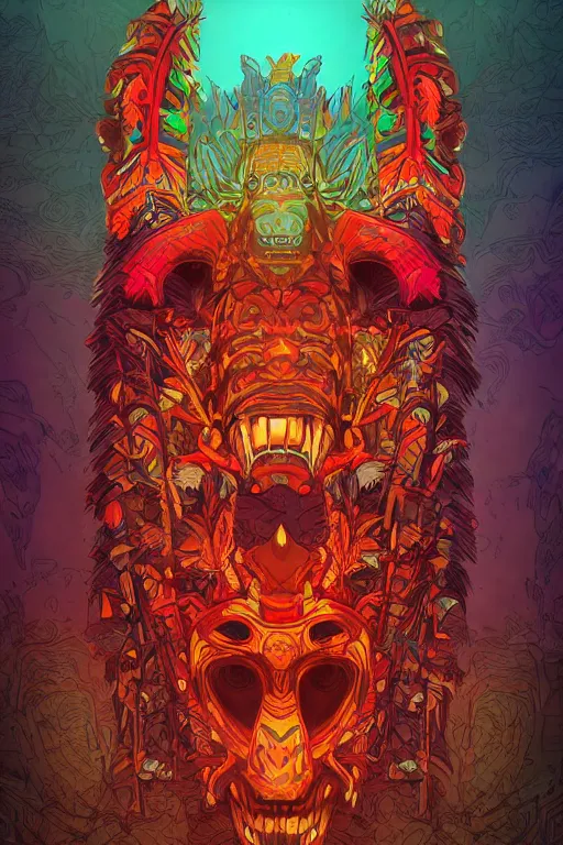 Image similar to totem animal tribal chaman vodoo mask feather gemstone plant wood rock video game illustration vivid color borderlands by josan gonzales and dan mumford radiating a glowing aura global illumination ray tracing