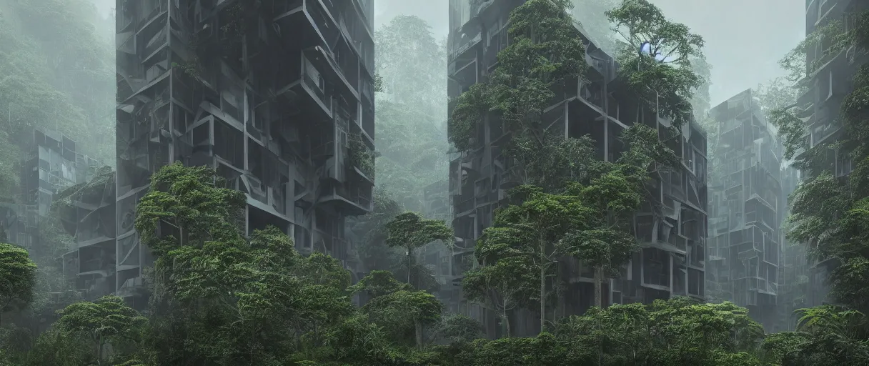 Prompt: brutalist architecture inspired by louis kahn deep in the rainforest. nature is taking over. matte painting by ivan laliashvili. unreal engine 5 render. color scheme blueish. hard shadows. cinematic.