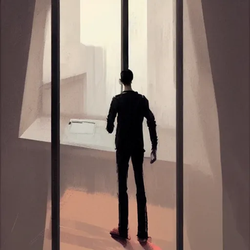 Image similar to concept art by greg rutkowski, very tall and thin young man, standing drinking a coffee looking out a window in a minimalist, hi - tech, brutalist office, reddish exterior lighting, scifi, highly detailed portrait, digital painting, artstation, concept art, smooth, sharp foccus ilustration, artstation hq