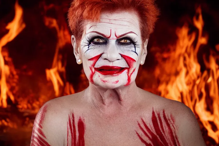 Prompt: Pauline Hanson with smudged red and white makeup like The Joker, standing in hell surrounded by fire and flames and bones and brimstone, portrait photography, depth of field, bokeh