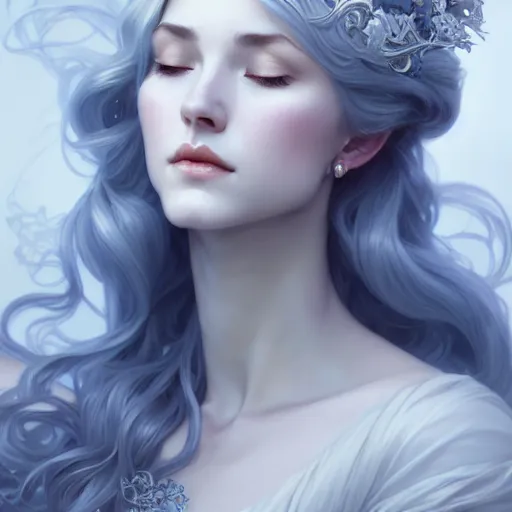 Image similar to aristocrat, white grey blue color palette, eyes closed, female, d & d, fantasy, intricate, elegant, highly detailed, long silver hair, digital painting, artstation, octane render, concept art, matte, sharp focus, illustration, hearthstone, art by artgerm, alphonse mucha johannes voss