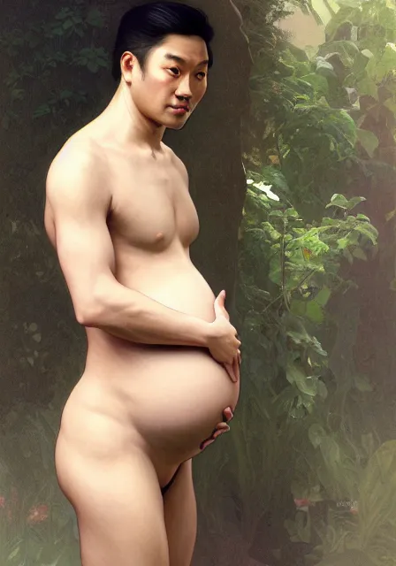 Image similar to pregnant asian man, handsome, intricate, elegant, highly detailed, digital painting, artstation, concept art, smooth, sharp focus, illustration, art by artgerm and greg rutkowski and alphonse mucha and william - adolphe bouguereau