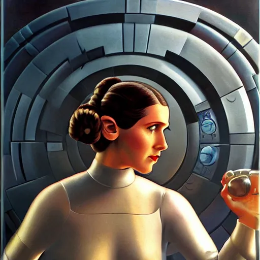 Image similar to princess leia, 1 9 3 0 s goddess, in front of round, art deco death star window, iconic, decorated by fritz lang and ralph mcquarrie, hyperrealistic full figure, by george tooker, fantasy art, intricate detailing, dynamic lighting, artstation, full figure poster, very detailed face, 4 k,