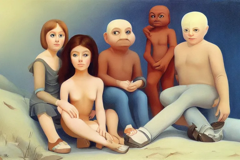 Prompt: beautiful high detailed painting of friends, beautiful faces, sitting on the edge, cute, soft light, digital painting by diane arbus and ralph mcquarrie, conceptual art