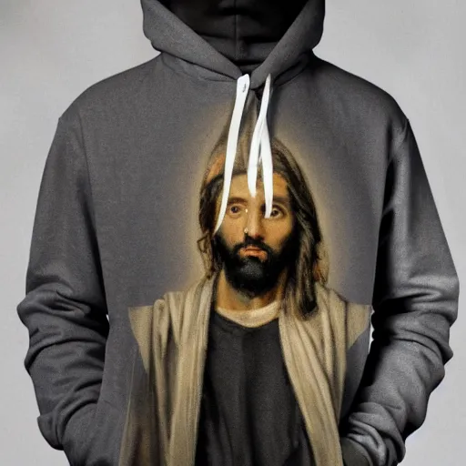 Image similar to a full body portrait of modern day jesus wearing yeezus streetwear hoodie and pants by nicola samori, oil painting, realistic, 8 k, adidas style