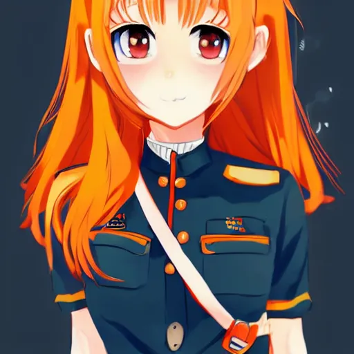 Image similar to very beautiful young anime girl with orange hair, dressed in soviet pioneer uniform, full body, long wavy blonde hair, sky blue eyes, full round face, bikini, miniskirt, front view, middle, highly detailed, colored manga drawing by wlop popular on artstation