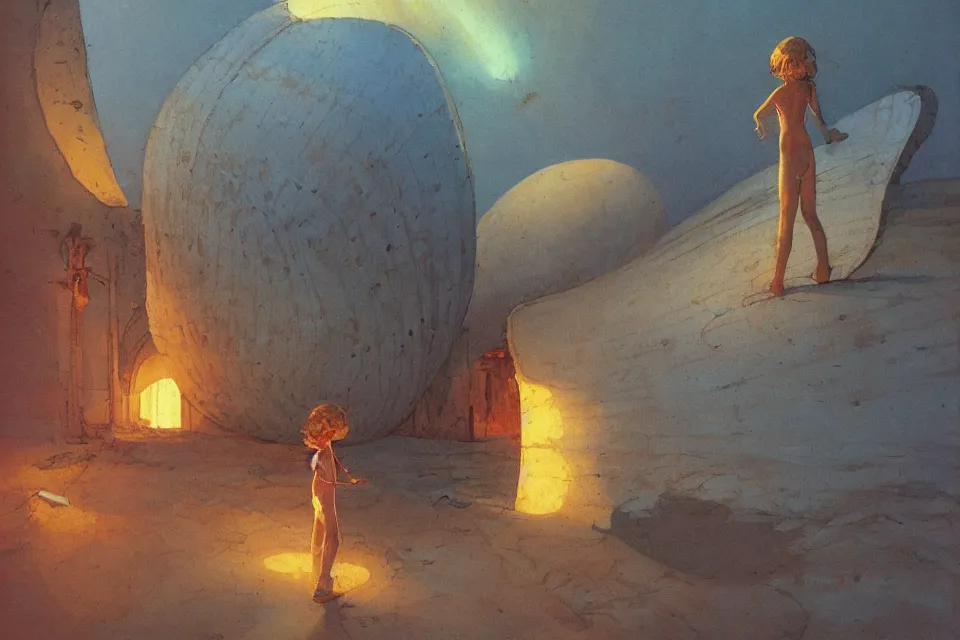Prompt: atmospheric painting of a giant seashell where a young girl lives, by moebius and john harris, atmospheric blues, concept art, saturation 40