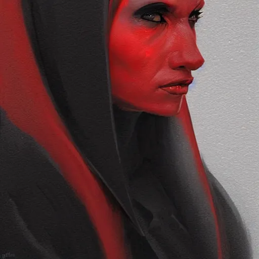 Prompt: portrait of a woman by greg rutkowski, young sith knight darth talon, red and black skin, star wars expanded universe, wearing black robes, she is about 2 0 years old, highly detailed portrait, digital painting, artstation, concept art, smooth, sharp foccus ilustration, artstation hq