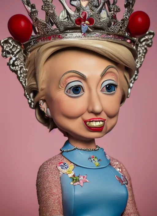 Prompt: closeup face profile portrait of tin toy hillary clinton as a fairytale princess wearing a crown eating cakes, bikini, depth of field, zeiss lens, detailed, symmetrical, centered, fashion photoshoot, by nicoletta ceccoli, mark ryden, lostfish, breathtaking, 8 k resolution, extremely detailed, beautiful, establishing shot, artistic, hyperrealistic, octane render