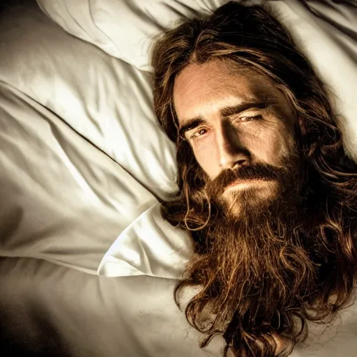 Prompt: a man going to bed that looks like jesus