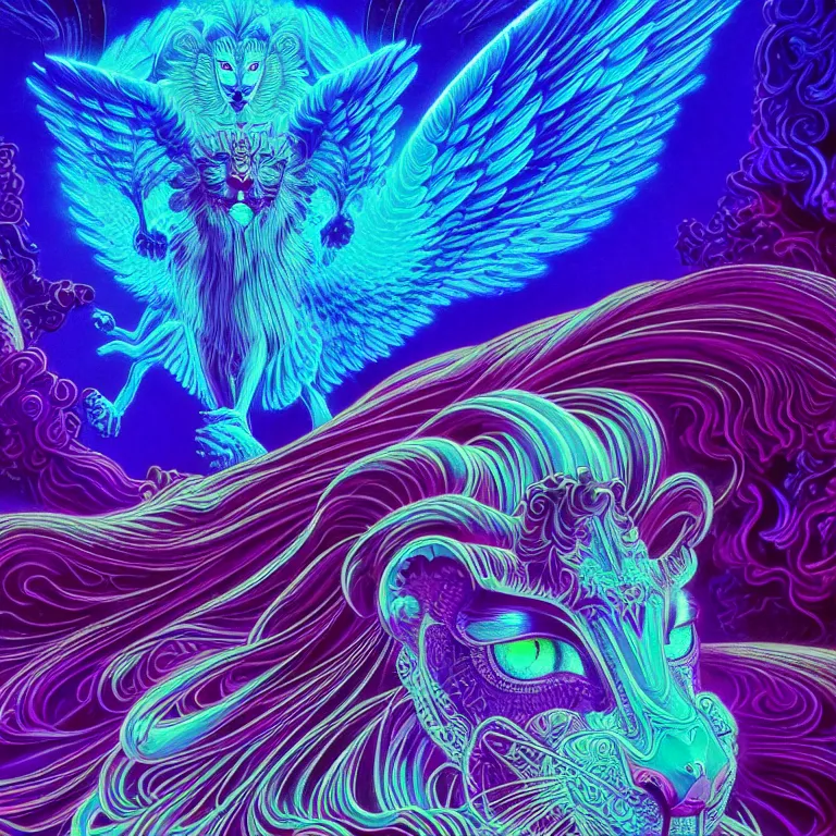 Prompt: mysterious winged lion over crystal temple, infinite fractal tesseract, quantum waves, synthwave, bright neon colors, highly detailed, cinematic, eyvind earle, tim white, philippe druillet, roger dean, ernst haeckel, lisa frank, aubrey beardsley, kubrick