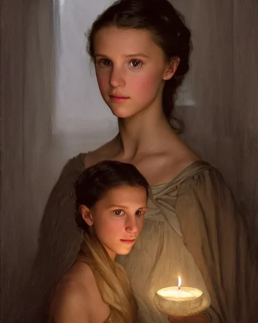 Image similar to a shadowy portrait painting of a shy, blushing 1 6 - year old alicia vikander or millie bobby brown as a princess lit only by candlelight in the darkness, intricate, elegant, highly detailed, artstation, concept art, by krenz cushart and donato giancola and william adolph bouguereau and alphonse mucha
