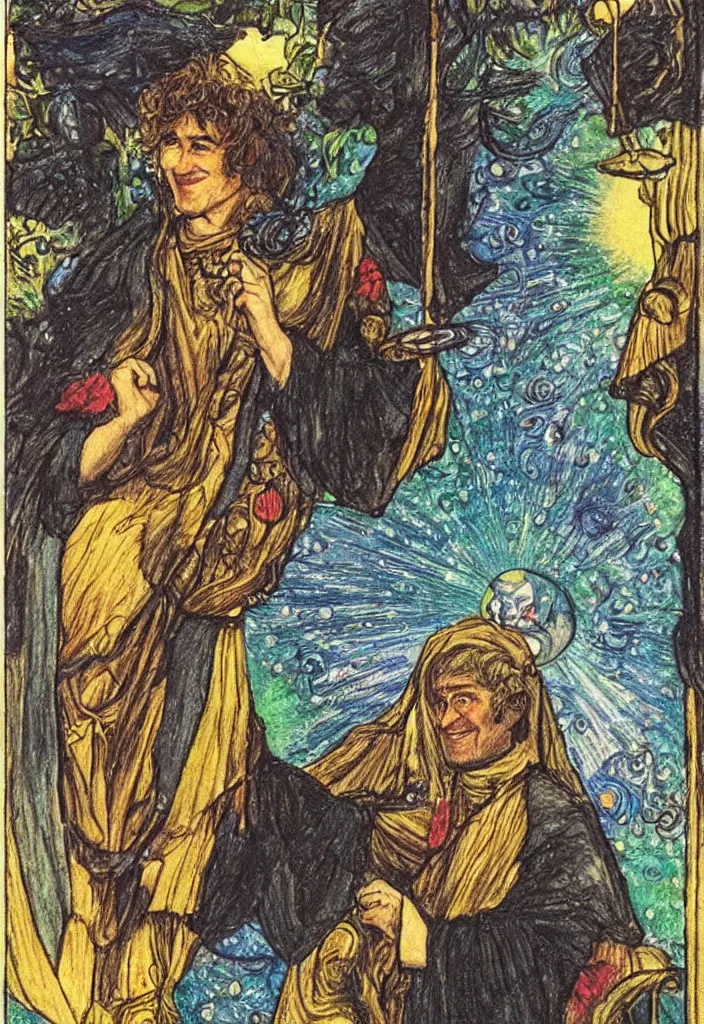 Image similar to Yoshua Bengio smiling drawn on the Tarot card. Illustration by preraphaelists.