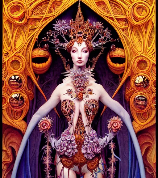 Prompt: symmetrical painting, a beautiful female queen in dress, pretty, detailed and intricate, perfect body shape, perfect face, hypermaximalist, elegant, ornate, luxury, elite, matte painting, cinematic lighting, james jean, brian froud, wayne barlowe