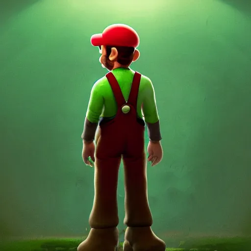 Prompt: professional fantasy art of new mario brother in green overalls, long thin drooping mustache, and sad face, professional art, matte painting, zdislaw beksinski, volumetric lighting, unreal engine 5, very detailed art, 4 k, artstation, poster art, high detail, beautiful lighting