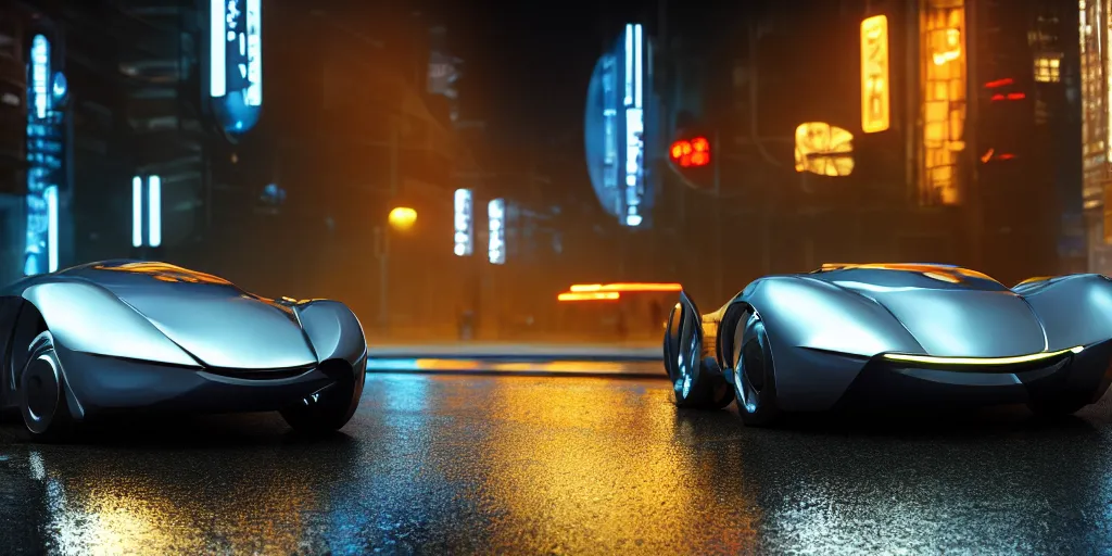 Image similar to cinematic movie scene, beautiful Product shot film still of a Syd Mead futuristic modern sleek automobile with bright headlights on a wet street at night in cyperpunk city, motion, hard surface modeling, volumetric soft lighting, style of Stanley Kubrick cinematography, 8k H 768