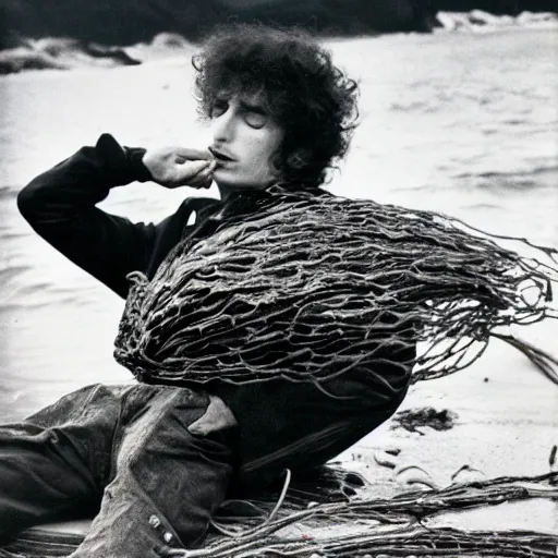 Image similar to bob dylan cradling kelp like a baby, photograph, 1 9 6 5