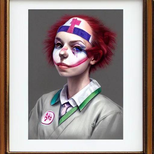 Prompt: clowncore pastel punk young hospital nurse wearing stylish uniform. detailed, portrait, 8 k, artwork by jean - baptiste monge