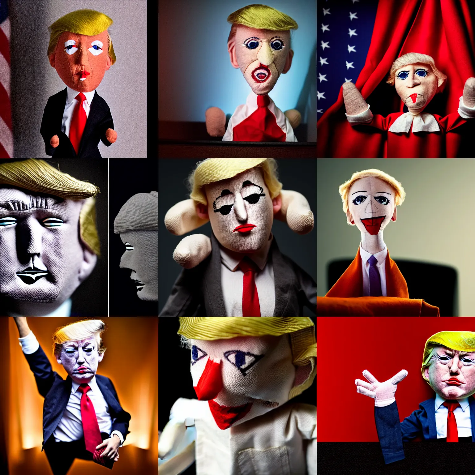 Image similar to photo of trump as a cloth puppet in a dark room with a soft light on her head, realistic cloth puppet, intricate detail, photorealistic, highly detailed, cinematic atmosphere, dramatic