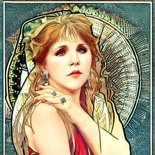 Image similar to beautiful lifelike award winning pencil illustration of stevie nicks trending on art station alphonse mucha cinematic atmospheric