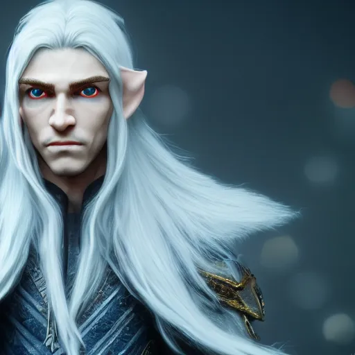 Image similar to a highly detailed male elf in full length, with white long hair, white clothes, bright blue eyes, artstation, DeviantArt, professional, octane render